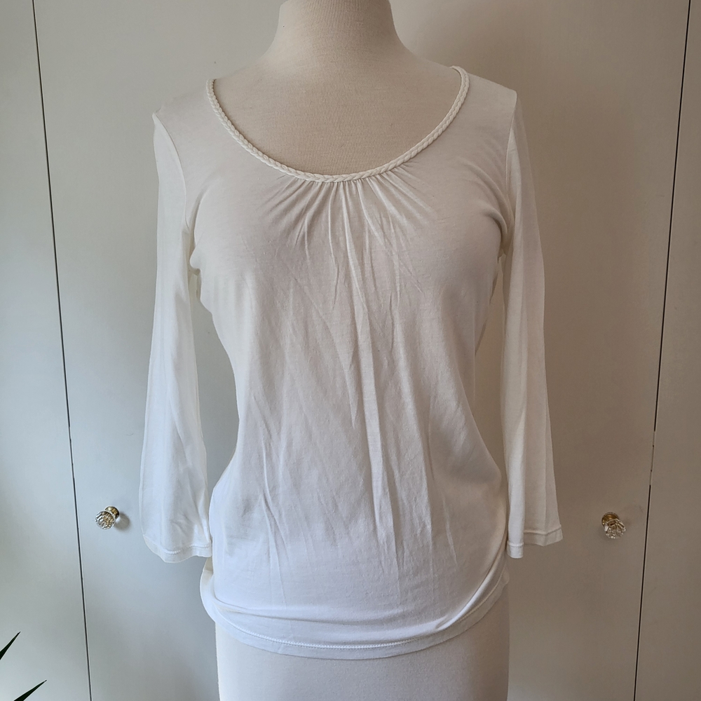 Ann Taylor Classic Ivory Scoop Neck 3/4 Sleeve Modal Cotton Blend Top M